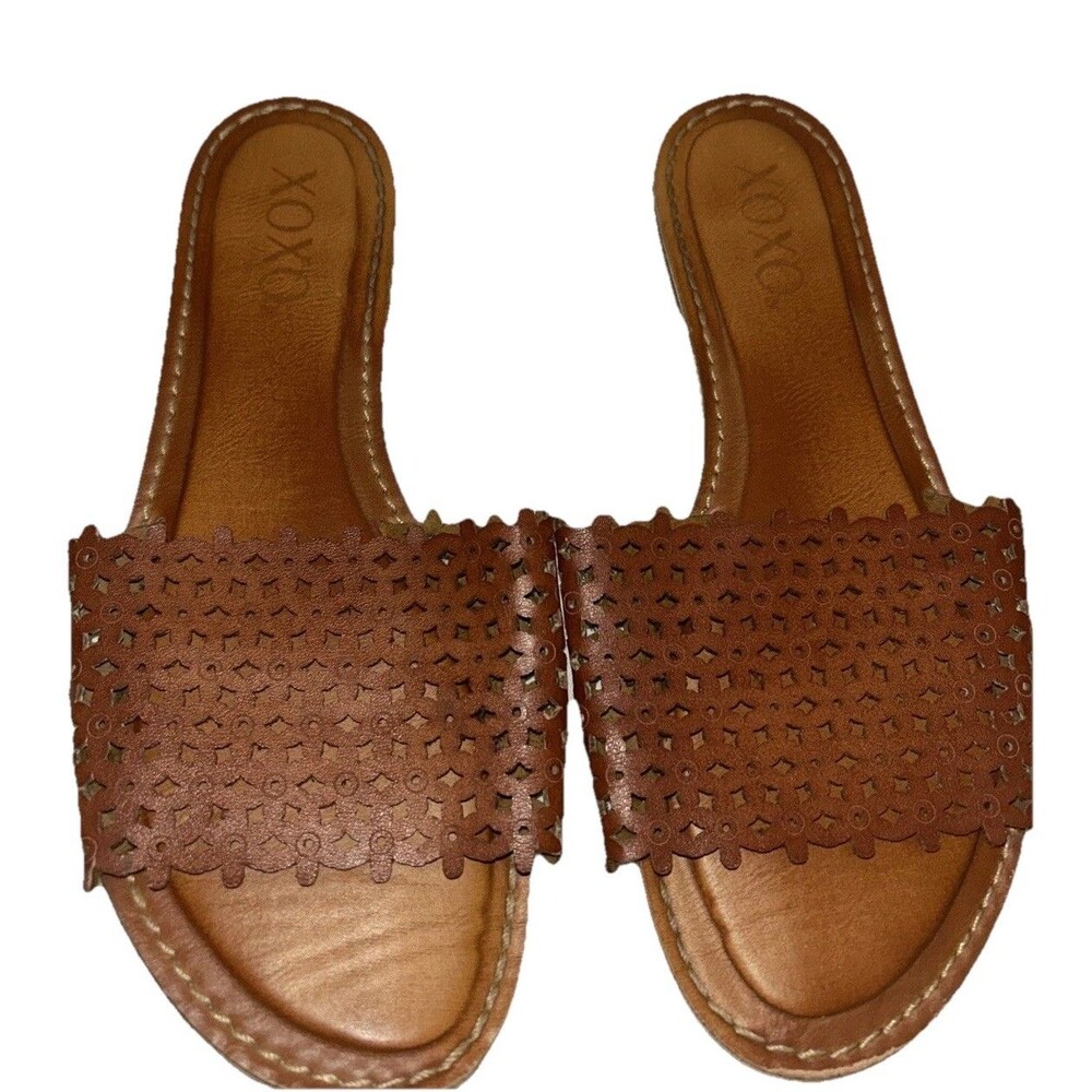 XOXO Rachad Slide Sandals Size 6 Tan Brown Perforated Laser Cut Flat Open Toe